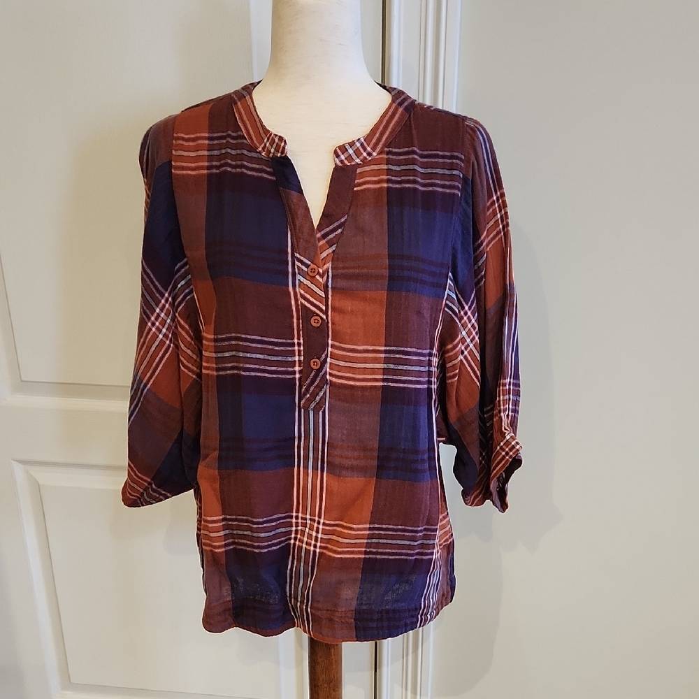 NWOT Garnet Hill Blue/Rust 3/4 Length Balloon Sleeve Top Size 6